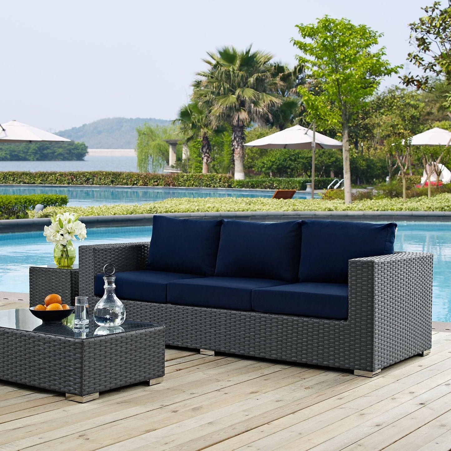 Modway Sojourn Wicker Rattan Outdoor Patio Sunbrella Fabric Sofa in Canvas Navy - CookCave