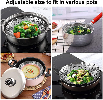 Vegetable Steamer Basket Premium Stainless Steel - Folding Collapsible Rust-Free for Easy Storage and Stay Fresh-Adjustable To Different Pots & Pans - CookCave