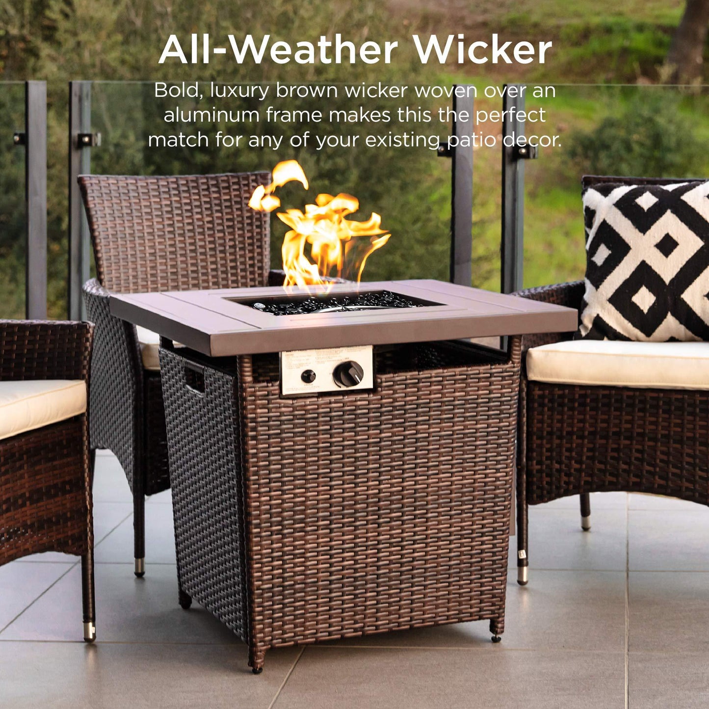 Best Choice Products 28in Gas Fire Pit Table, 50,000 BTU Outdoor Wicker Patio Propane Firepit w/Faux Wood Tabletop, Clear Glass Rocks, Cover, Hideaway Tank Holder, Lid - Brown - CookCave