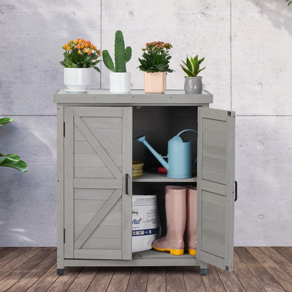 Outdoor Storage Cabinet & Potting Bench Table with Metal Top, Wooden Patio Furniture, Garden Workstation - CookCave