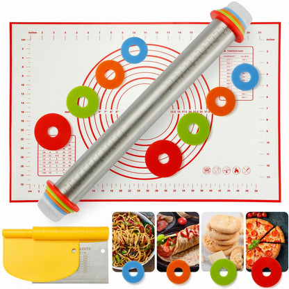 Silicone Rolling Pin Set with Adjustable Thickness Rings, Large Silicone Baking Pastry Mat & Stainless Steel Dough Roller with Rings & Bench Scraper - For Pizza, Cookies, Pie, Pasta, Pastries - CookCave