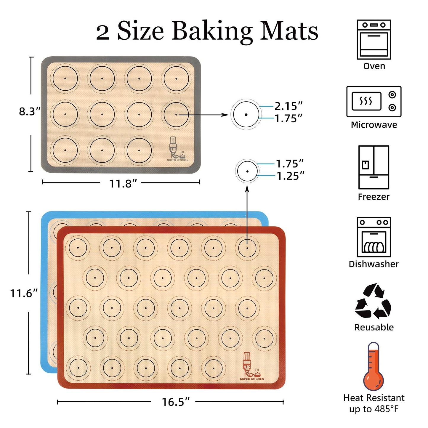 Silicone Baking Mat Macaron - Set of 3 (2 Half Sheet Liners and 1 Quarter Sheet), Non Stick Silicon Cookie Oven Liner For Macaroons, Bake Pans, Pizza, Toaster, Cake and Bread Making (Red,Blue,Gray) - CookCave