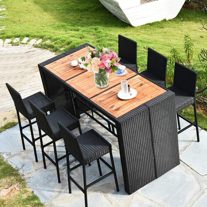 Tangkula 7 PCS Outdoor Wicker Furniture with Acacia Wood Bar Table Top and Removable Cushion, Conversation Set for Dining, Patios, Backyards, Porches, Gardens and Poolside (Black) - CookCave