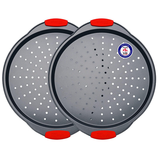 Pizza Tray – 2 Round with Silicone Handles – Carbon Steel Pizza Pan with Holes and Non-Stick Coating – PFOA PFOS and PTFE Free by Bakken - CookCave