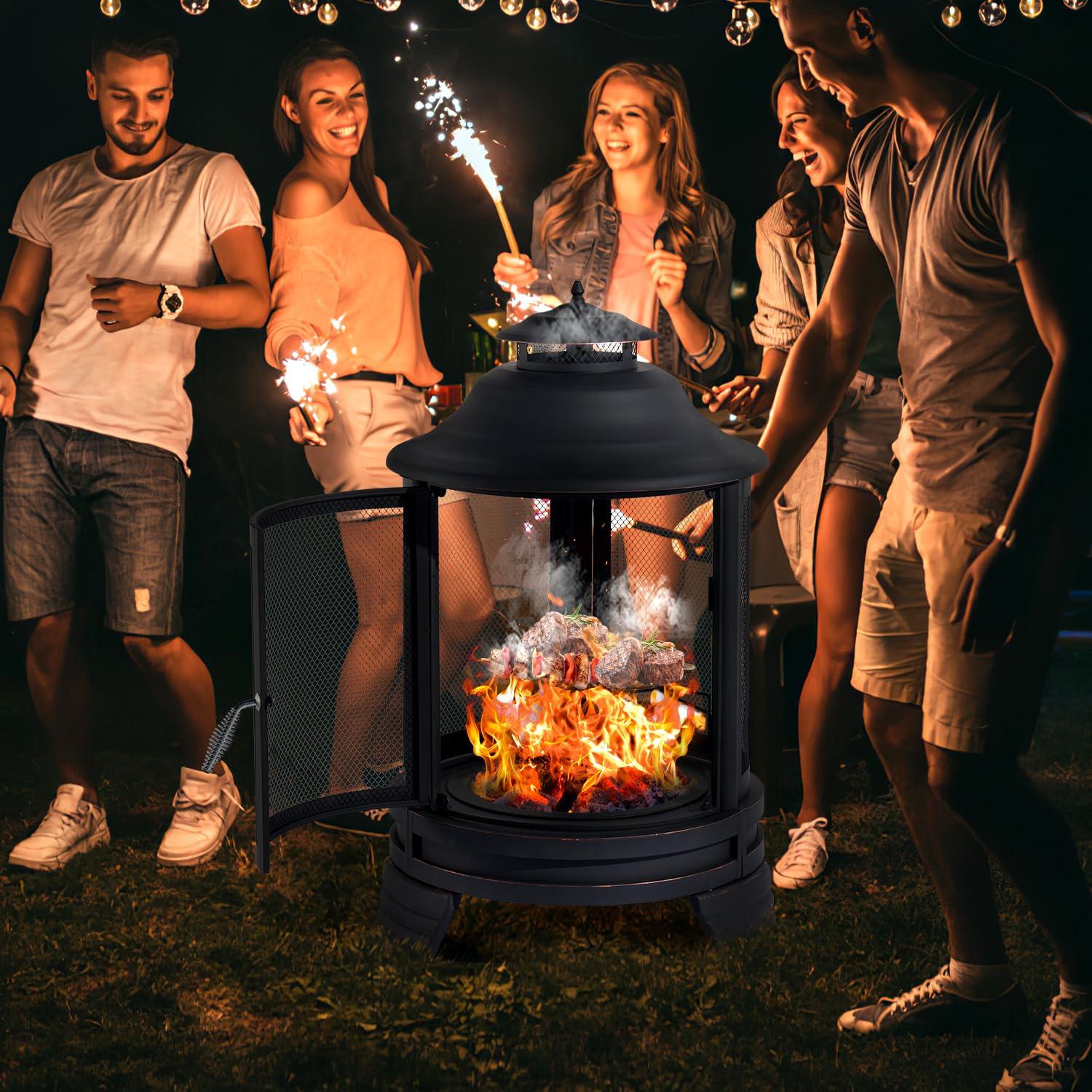 Aoxun Chiminea Fire Pit,2 in 1 Fire Pit for Outdoor,Chiminea Fireplace with Mesh Spark Screen Doors, Outside Wood Burning Fire Pit for Patio - CookCave