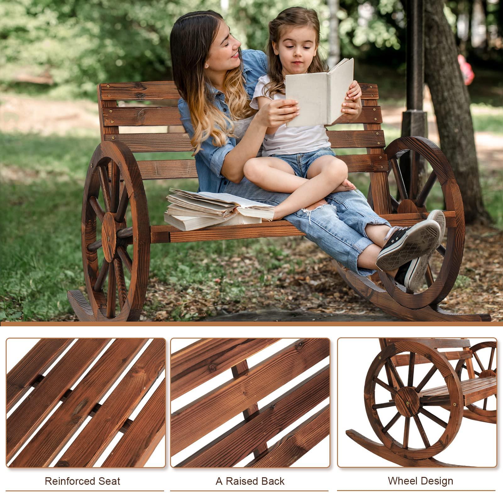 FURNDOOR Outdoor Wood Rocking Chair Wagon - Double Wooden Porch Rocking Bench Rustic Porch Rocker Chair for 2 Persons - CookCave
