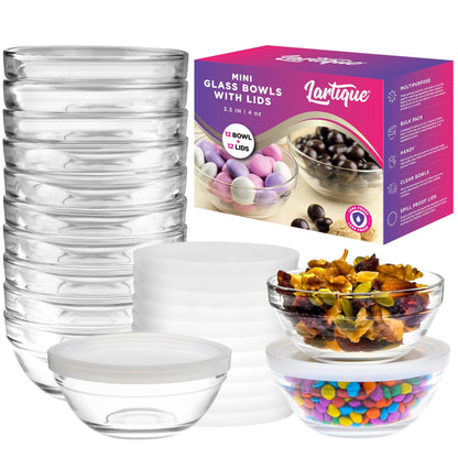 Lartique Mini 3.5 Inch Small Glass Bowls with Lids - Small Bowls Perfect for Prep, Dips, Nuts, or Candy - Meal Prep Bowls or Dessert Bowls, Set of 12 - CookCave