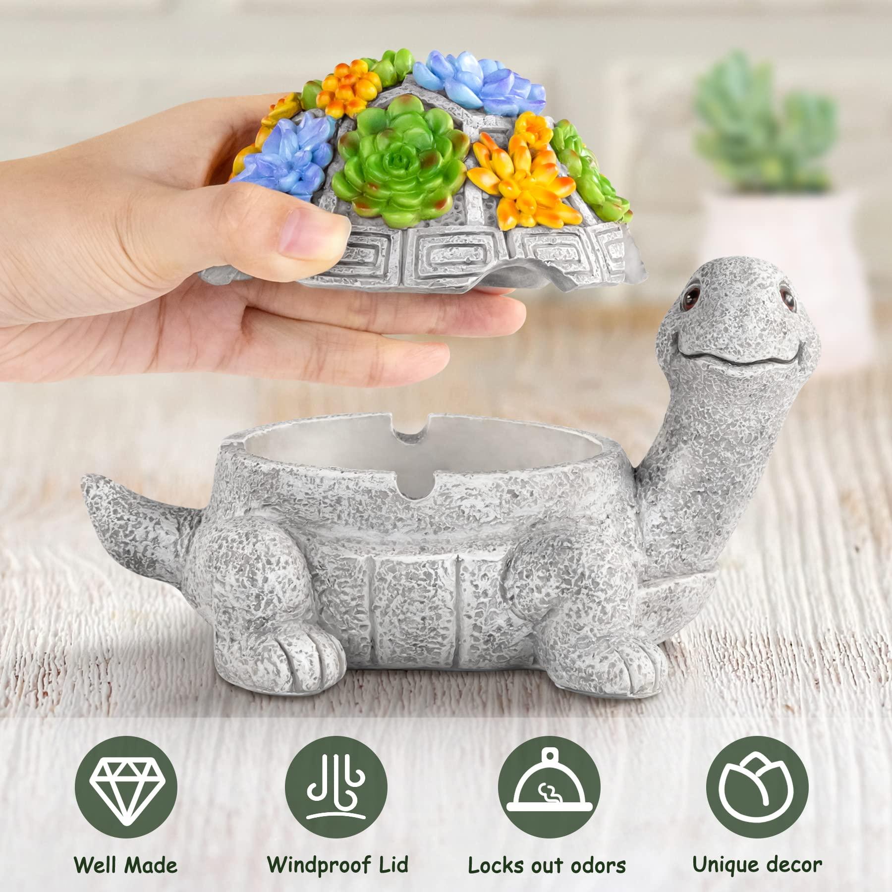 LESES Ashtray, Outdoor Ashtray with Lid Smokeless Waterproof Ash Tray with Cute Turtle Decor, Resin Ashtray for Cigarettes Home Office, Porch Patio Decorations Outdoor Indoor Ashtray - CookCave