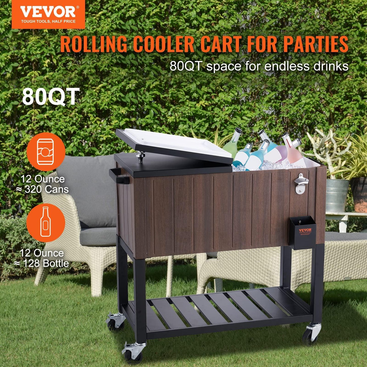 VEVOR Rolling Ice Chest Cooler Cart 80 Quart, Portable Bar Drink Cooler, Beverage Bar Stand Up Cooler with Wheels, Bottle Opener, Handles for Patio Backyard Party Pool, Wooden Teak Accent, Brown - CookCave