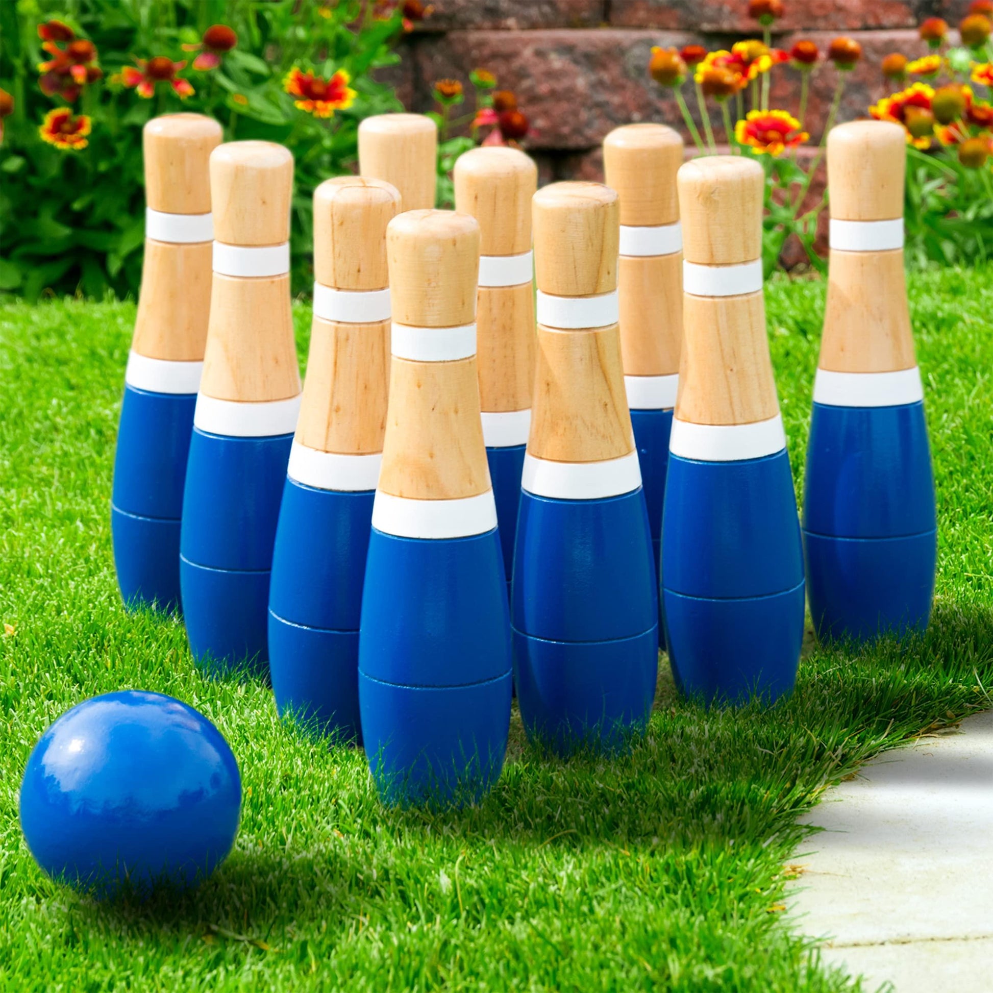 Backyard Lawn Bowling Game – Indoor and Outdoor Family Fun for Kids and Adults – 10 Wooden Pins, 2 Balls, and Mesh Carrying Bag by Hey! Play! (8-Inch), Blue & White - CookCave