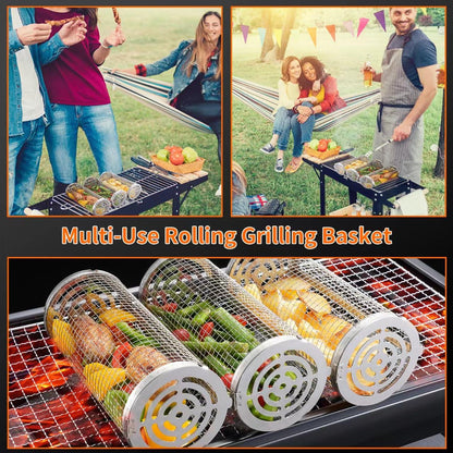 Wrakus Rolling Grilling Baskets for Outdoor - Grill Grate Charcoal Round BBQ Stainless Steel Basket Campfire Grid Camping Picnic Cookware - CookCave