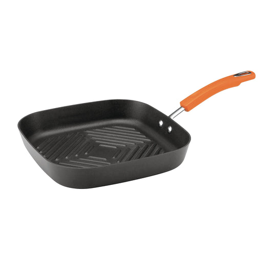Rachael Ray Brights Hard Anodized Nonstick Square Griddle, Grill Pan (11-Inch), Gray with Orange Handles - CookCave