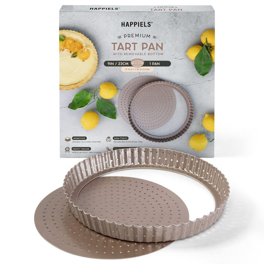 HAPPIELS Non-Toxic Nonstick 9-inch Tart Pan with Removable Bottom Perforated | Round Gold Quiche Pan - CookCave