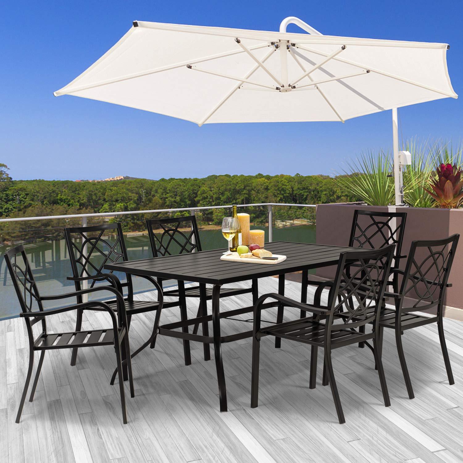 SOLAURA 7-Piece Outdoor Patio Dining Set, 6 Person Garden Dining Set Furniture with Slat Table Top/Backyard Stacked Chairs, 1.57" Umbrella Hole (Black) - CookCave