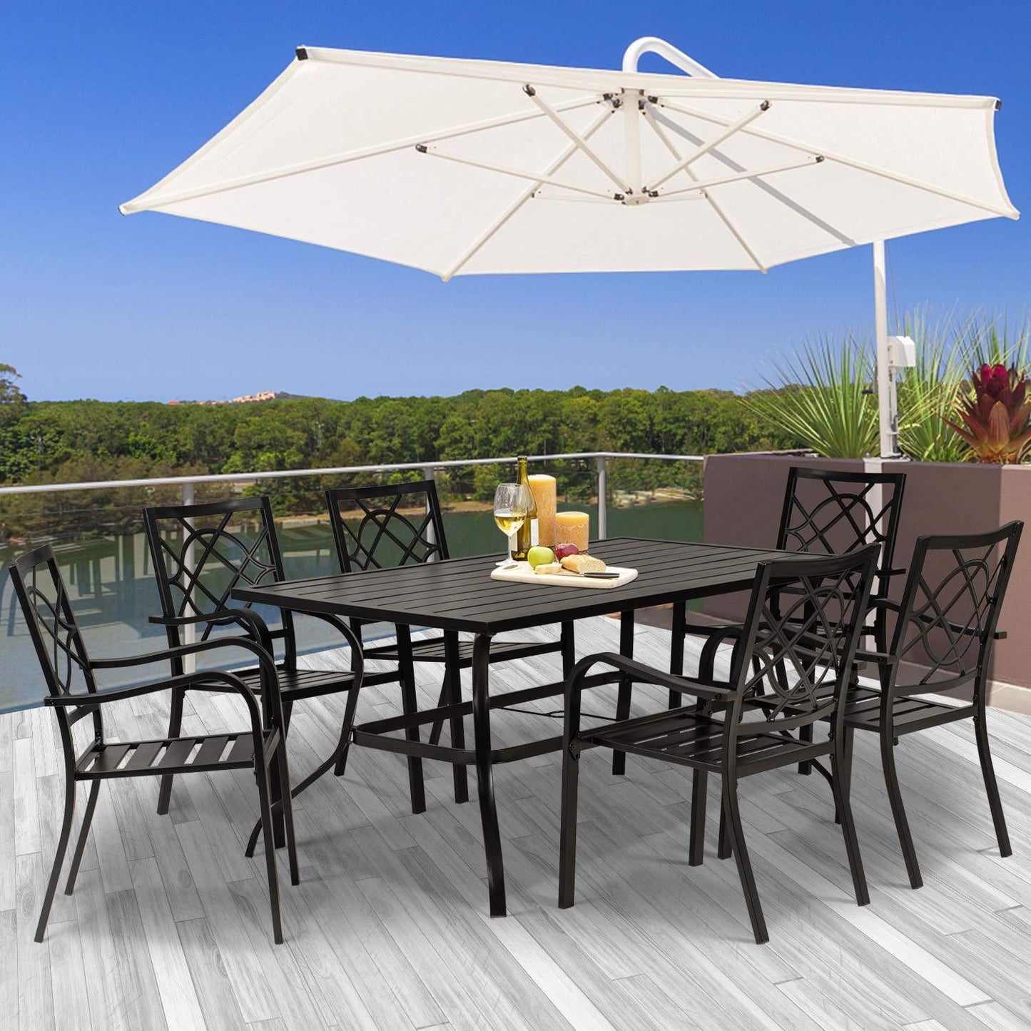 SOLAURA Outdoor Dining Table, 60" x 38" Patio Metal Steel Slat Table for 6-Person with 1.57" Umbrella Hole, for Gardens or Backyards, Black - CookCave