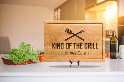 King of the Grill, Cutting Board, Personalized Cutting Boards for Men and Dad, Fathers Day, Dad's Birthday, Christmas Gift, Custom Cooking Gift, BBQ Gifts, Kitchen Gift, With Apron and Display Stand - CookCave