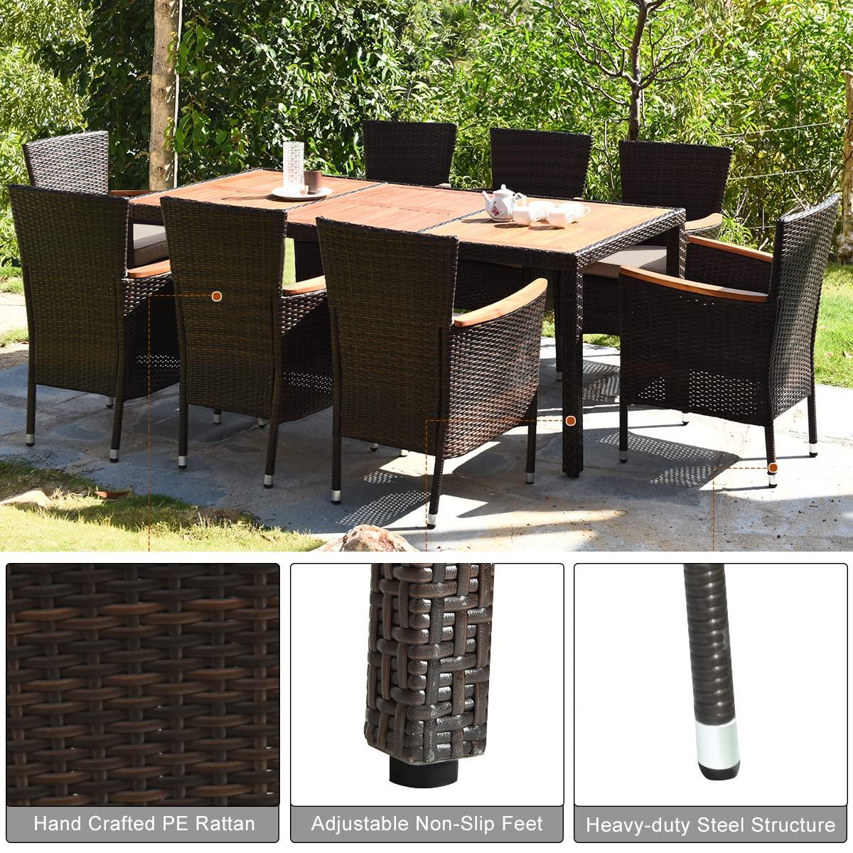 Toolsempire Patio Dining Set Outdoor Dining Set, 9 Pieces Wicker Patio Furniture Set with Acacia Wood Table and Chairs, Garden Dining Table Set for Backyard, Poolside, Desk, Christmas(Brown) - CookCave