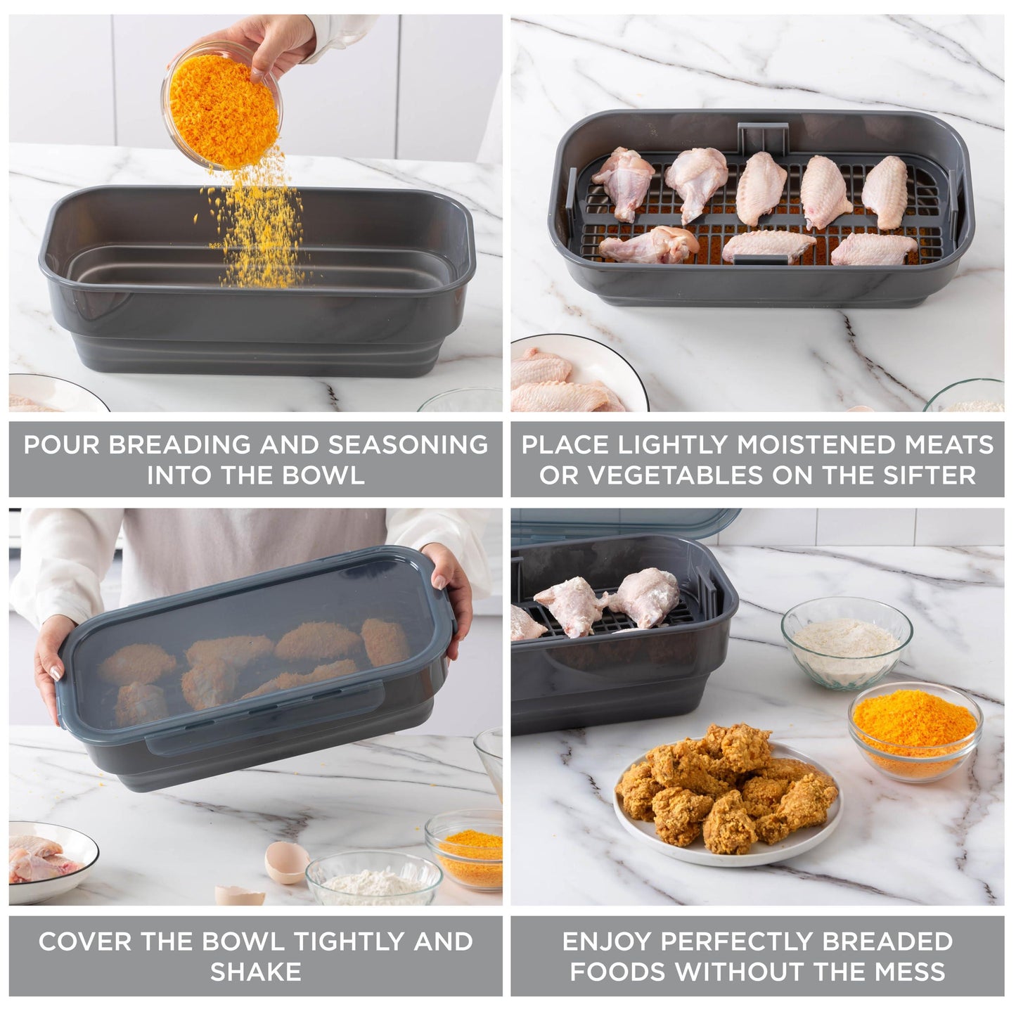 COOK WITH COLOR Collapsible Batter Bowl - Mess Free Breading Shaker Container - Perfect for Fried Fish, Fried Chicken, Onion Rings, Wings & More - CookCave