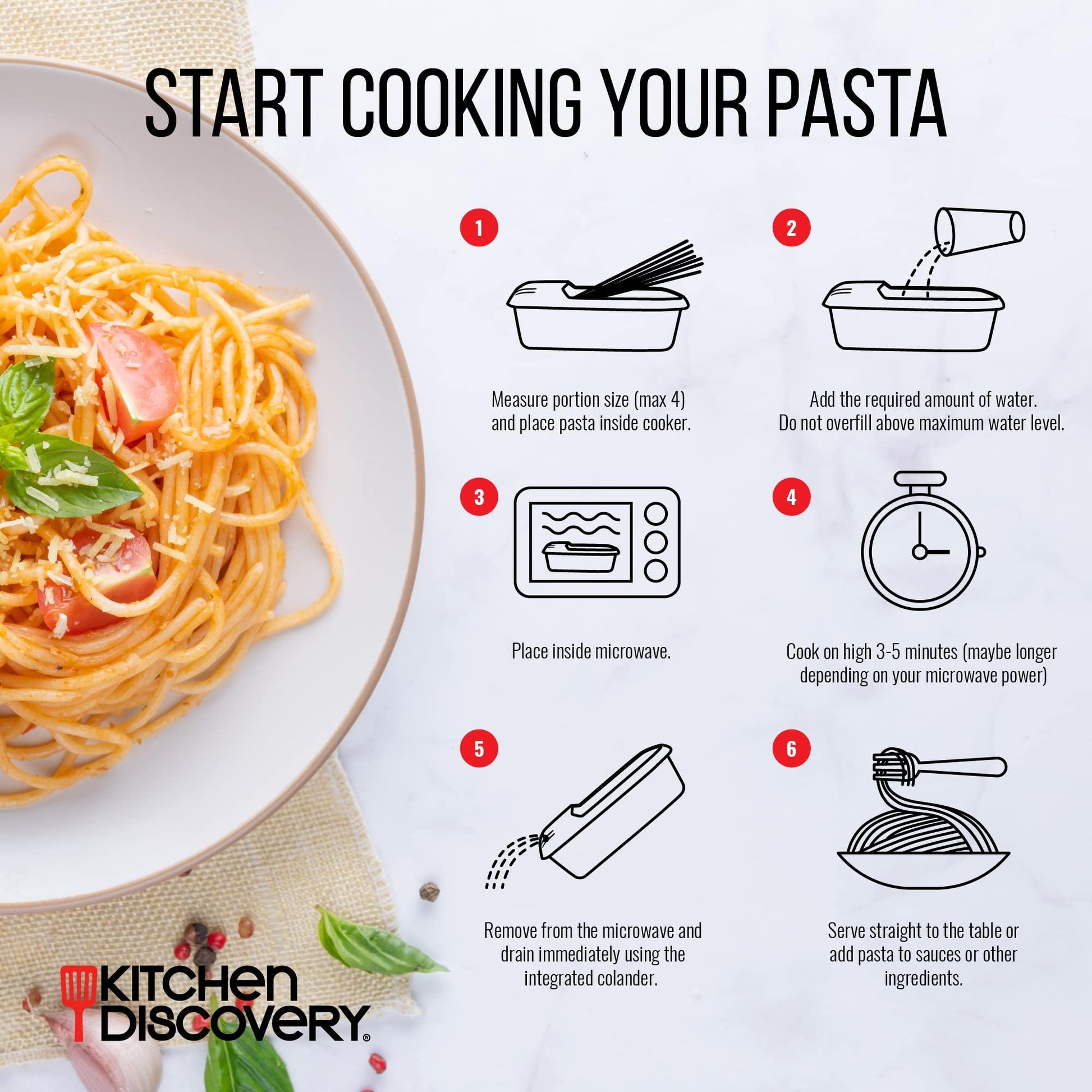 Kitchen Discovery Microwave Pasta Cooker- No Boil, No Mess, No Stick Pasta Cooker With Strainer Ready In As Little As 10 Minutes for up to 4 Servings - CookCave