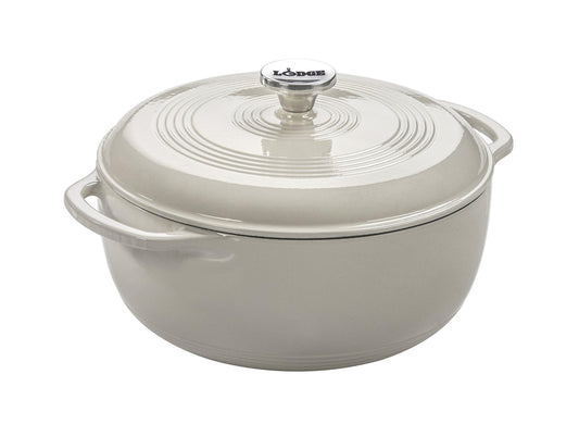 Lodge 6 Quart Enameled Cast Iron Dutch Oven with Lid – Dual Handles – Oven Safe up to 500° F or on Stovetop - Use to Marinate, Cook, Bake, Refrigerate and Serve – Oyster White - CookCave