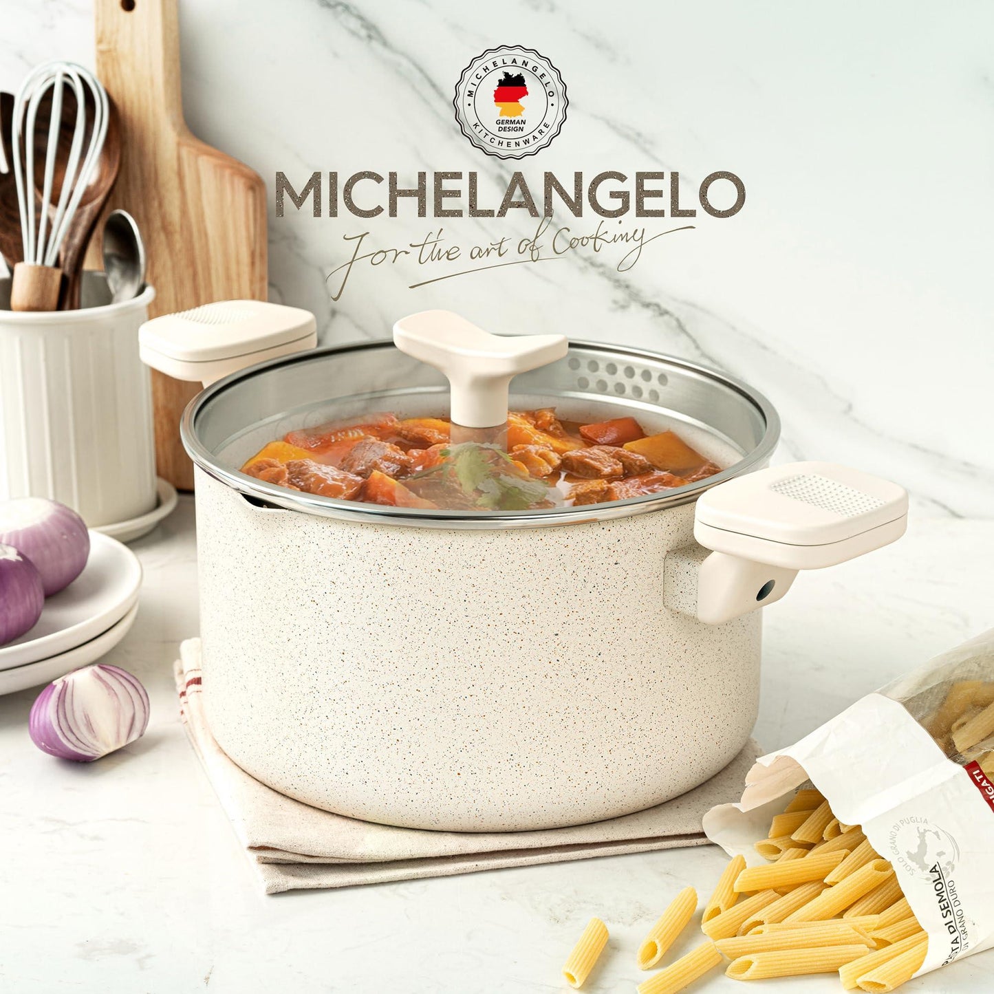 MICHELANGELO Pasta Pot with Strainer Lid, 6 Quart Multipurpose Pot with Twist and Lock Handles, Soup Pot with Nonstick Granite Coating, Spaghetti Pot Induction Compatible, White - CookCave