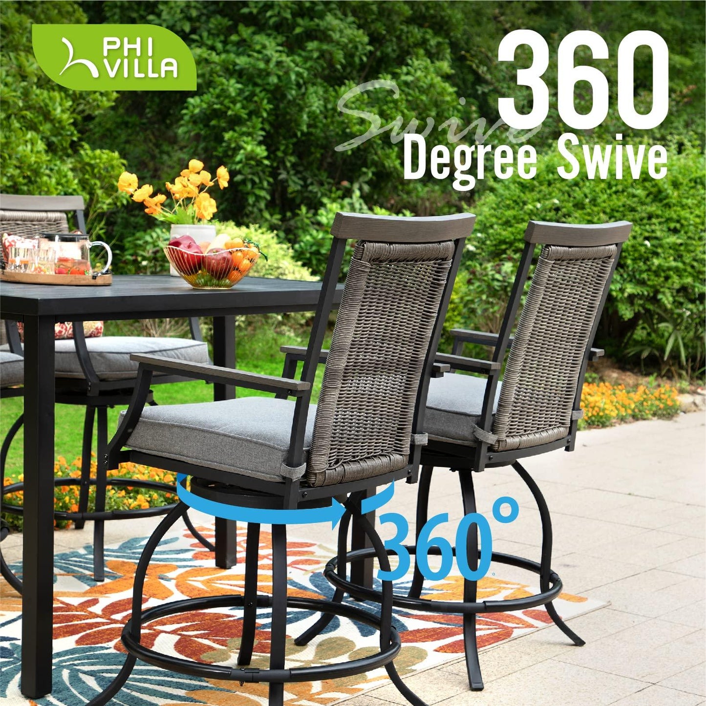 PHI VILLA Outdoor Swivel Bar Stools (24" Seat Height) with Rattan Backrest and Wood-Like Armrest Set of 2, Counter Height Patio Chair with 3.5" Padded Grey Cushion,All Weather for Garden,Yard,Lawn - CookCave