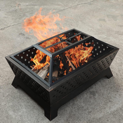 PHI VILLA Outdoor Wood Burning Fire Pits, Rectangular Deep Bowl Large Patio Firepit with Spark Screen, Poker & Metal Grate, 34" x 26" - CookCave