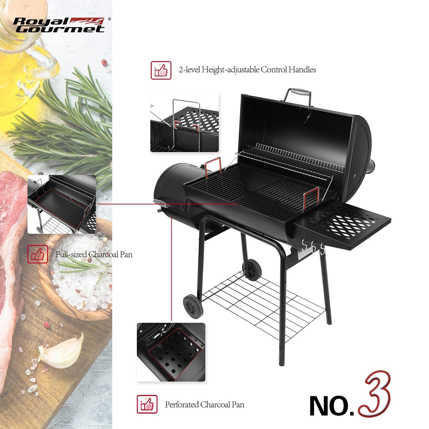 Royal Gourmet CC1830RC 30 Barrel Charcoal Grill with Offset, 811 Square Inches Smoker with Cover for Outdoor Garden, Patio, and Backyard Cooking, Black - CookCave