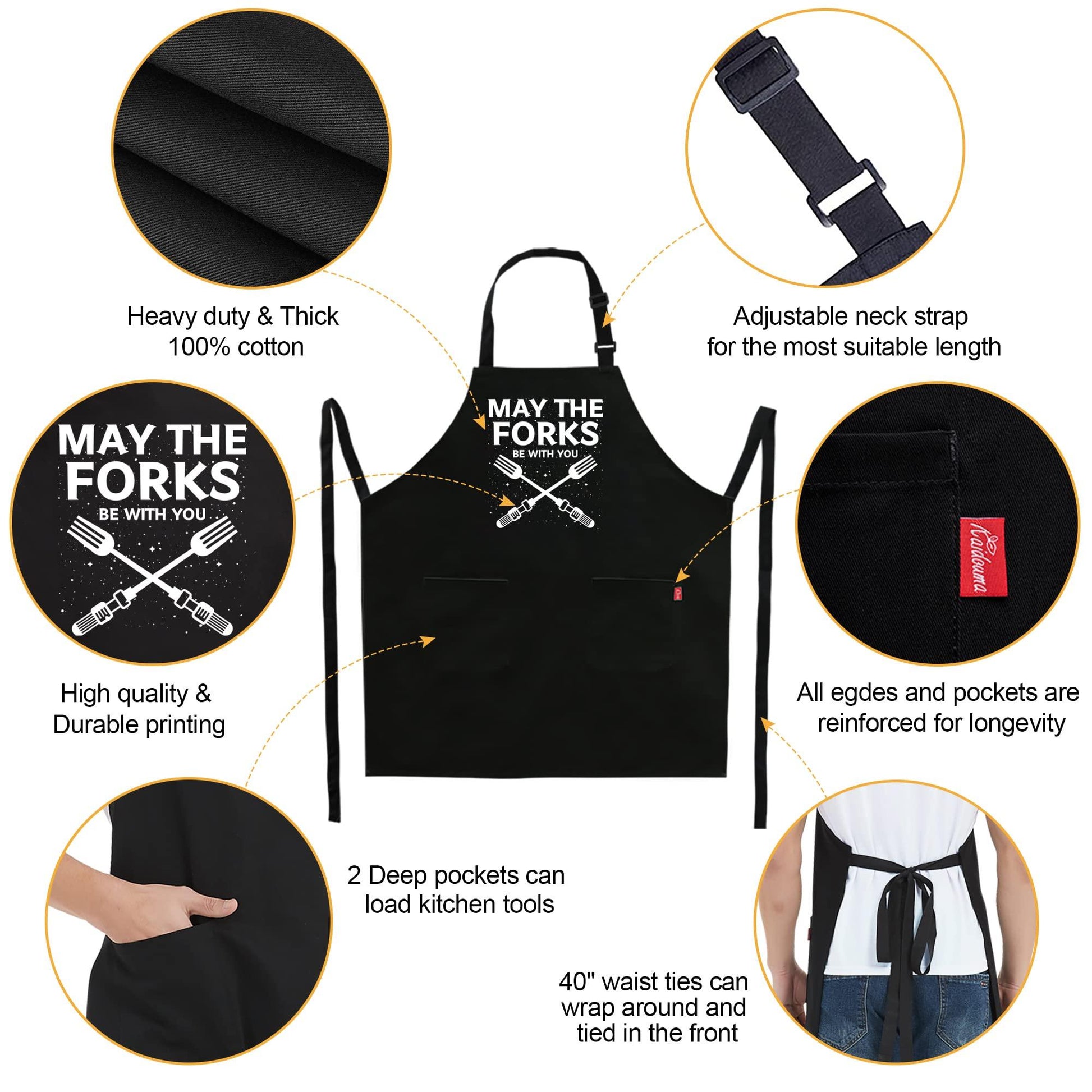 Kaidouma Funny Grill Aprons for Men - May The Forks Be With You - Men’s Funny Chef Cooking Grilling BBQ Aprons with 2 Pockets - Birthday Father’s Day Christmas Gifts for Dad, Husband, Movie Fans - CookCave