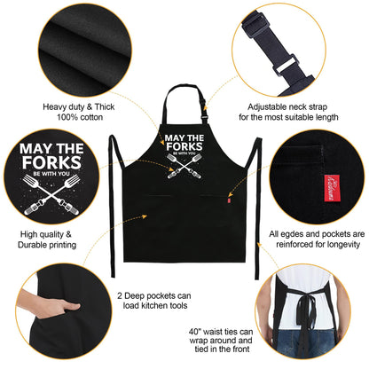 Kaidouma Funny Grill Aprons for Men - May The Forks Be With You - Men’s Funny Chef Cooking Grilling BBQ Aprons with 2 Pockets - Birthday Father’s Day Christmas Gifts for Dad, Husband, Movie Fans - CookCave