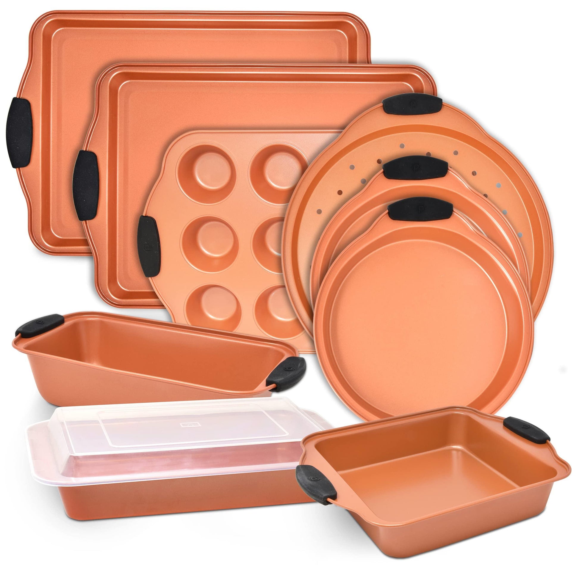 Perlli Baking Pan 10 Piece Set Nonstick Copper Steel Oven Bakeware Kitchen Set with Silicone Grips, Cookie Sheets, Round Cake Pans, 9x13 Pan with Lid, Loaf Pan, Deep Pan, Pizza Crisper, Muffin Pan - CookCave