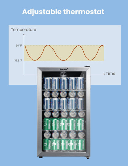 COMFEE' CRV115TAST Cooler, 115 Cans Beverage Refrigerator, Adjustable Thermostat, Glass Door With Stainless Steel Frame, Reversible Hinge Door And Legs For Home, Apartment - CookCave