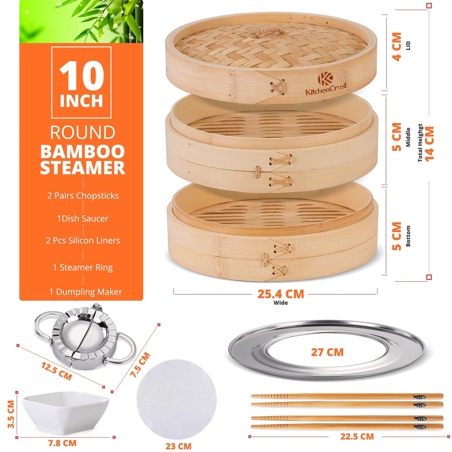 KITCHENCRUST Bamboo Steamer Basket for Chinese Asian Cuisine - 2 Tier 10-Inch Steaming Basket Bun Vegetable Steamer, Dumpling Steamer bamboo steam basket, Sauce Dish, Chopsticks, Reusable Liners, Ring - CookCave