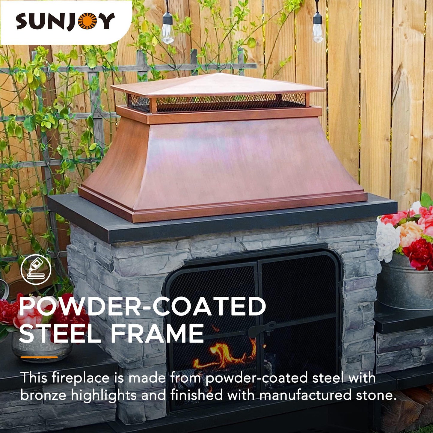 Sunjoy Outdoor Fireplace, Patio Wood Burning Fireplace with Steel Chimney, Mesh Spark Screen Doors, Fire Poker, and Removable Grate, Copper and Black - CookCave