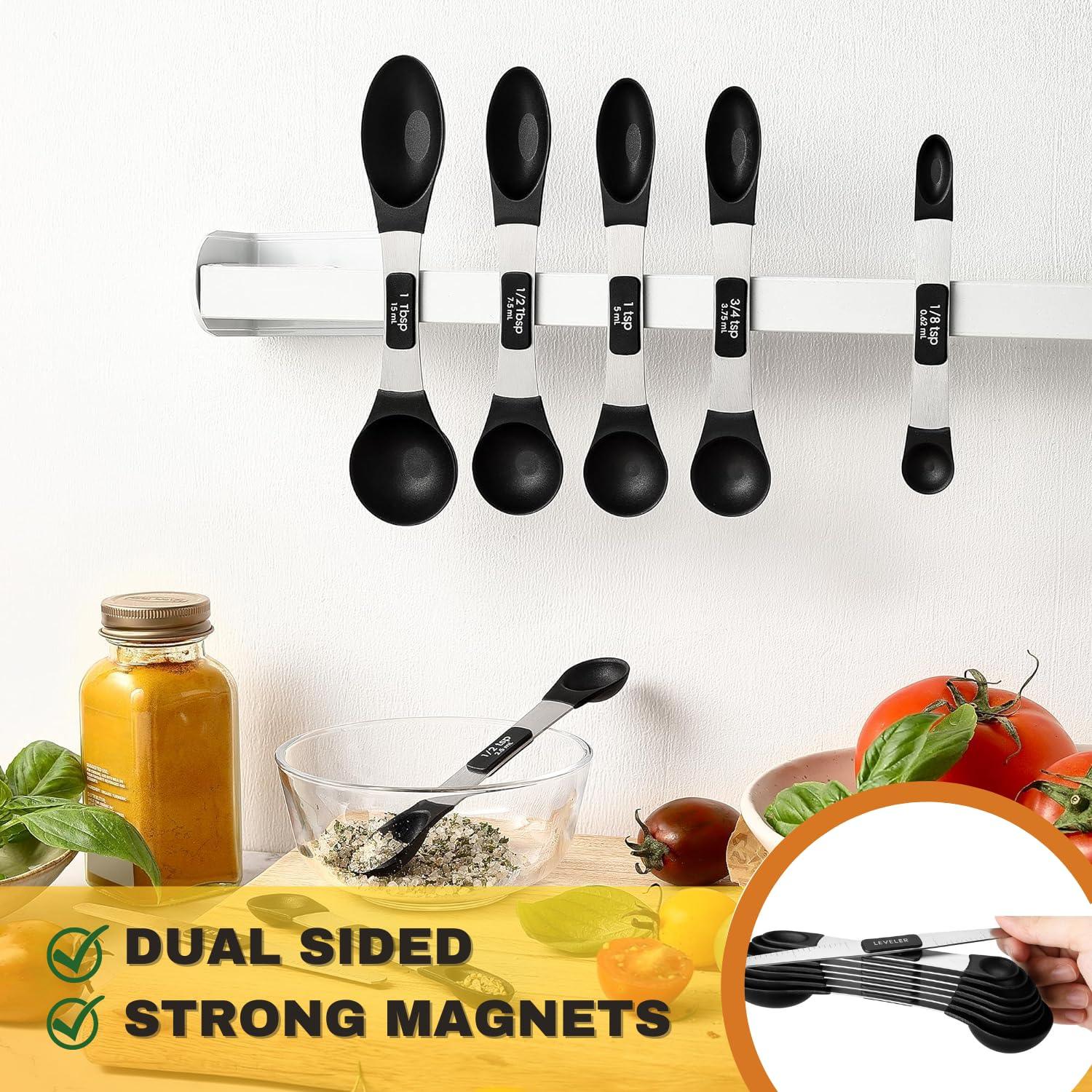 Spring Chef Magnetic Measuring Spoons Set, Dual Sided and Lightweight, Stainless Steel Metal & BPA Free Plastic, Fits in Most Kitchen Spice Jars for Baking & Cooking, Black, Set of 8 with Leveler - CookCave