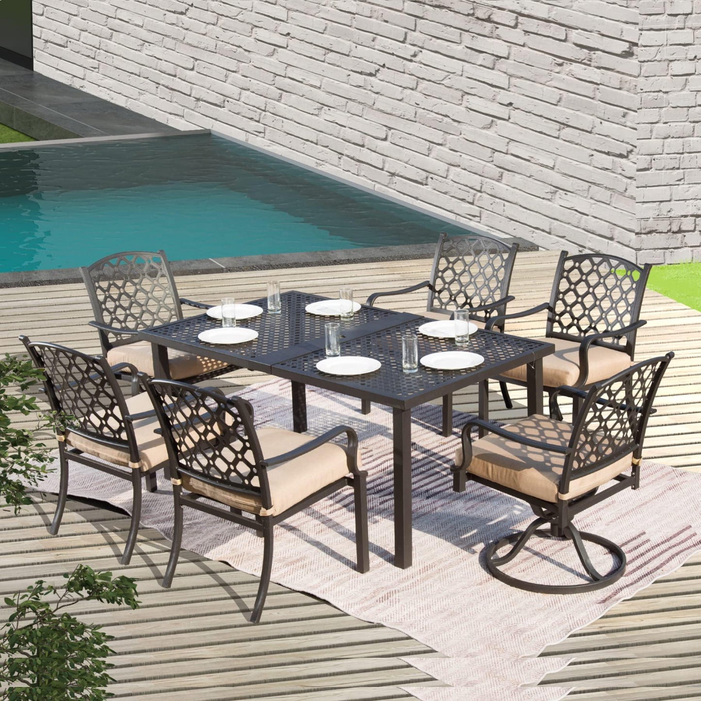 Domi Outdoor 7 pcs Patio Dining Set, Metal Dining Table, Swivel and Dining Chairs Conversation Set with Removable Beige Cushions for Garden Lawn Yard - CookCave