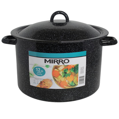 Mirro 12Qt Traditional Vintage Style Black Speckled Enamel on Steel Stock Pot with Lid, (MIR-10705) - CookCave