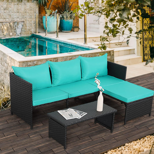 Valita 3-Piece Outdoor PE Rattan Furniture Set Patio Black Wicker Conversation Loveseat Sofa Sectional Couch Turquoise Cushion - CookCave