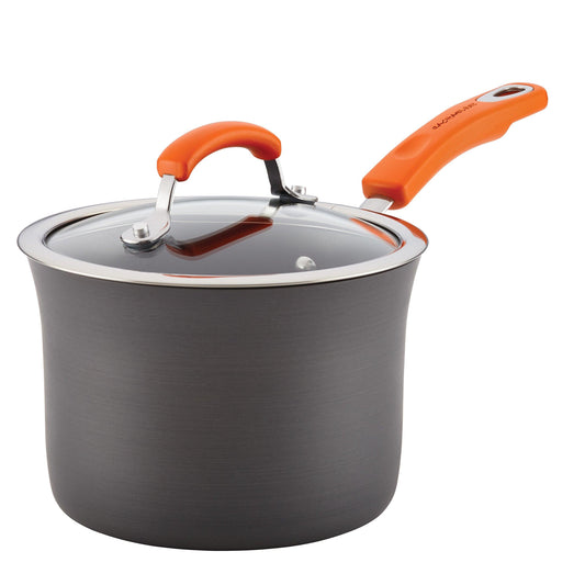Rachael Ray Brights Hard Anodized Nonstick Sauce Pan/Saucepan with Lid, 3 Quart, Gray with orange handles - CookCave