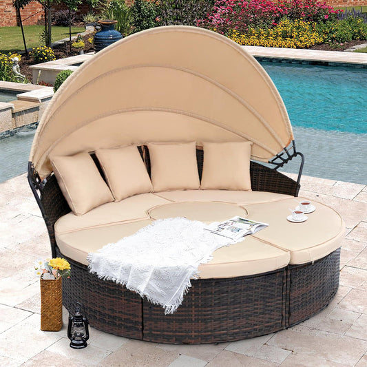 SUNCROWN Outdoor Patio Round Daybed with Retractable Canopy, Brown Wicker Furniture Sectional Couch with Washable Cushions, Backyard, Porch - CookCave