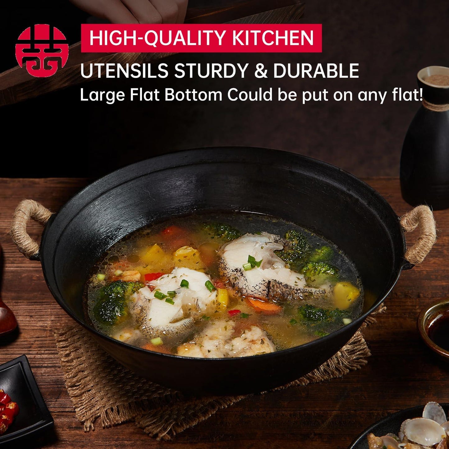 WANGYUANJI Handmade Cast Iron Wok 14.2" Large Woks Stir-Fry Pans with Dual Handle,Suitable for All Cooktops,Uncoated Chinese Traditional wok with Free Dishcloth and Brush - CookCave
