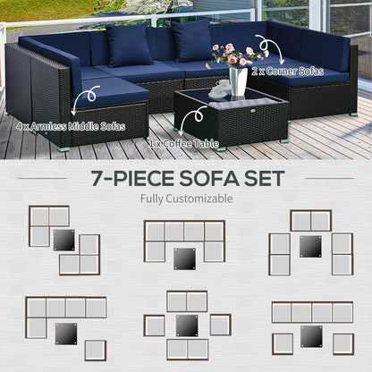 Outsunny 7-Piece Patio Furniture Sets Outdoor Wicker Conversation Sets All Weather PE Rattan Sectional Sofa Set with Cushions & Tempered Glass Desktop, Dark Blue - CookCave