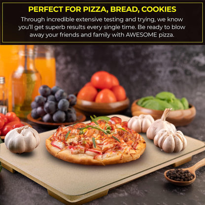 Pizza Stone - Baking Stone. SOLIDO Rectangular 14"x16" - Perfect for Oven, BBQ and Grill - CookCave