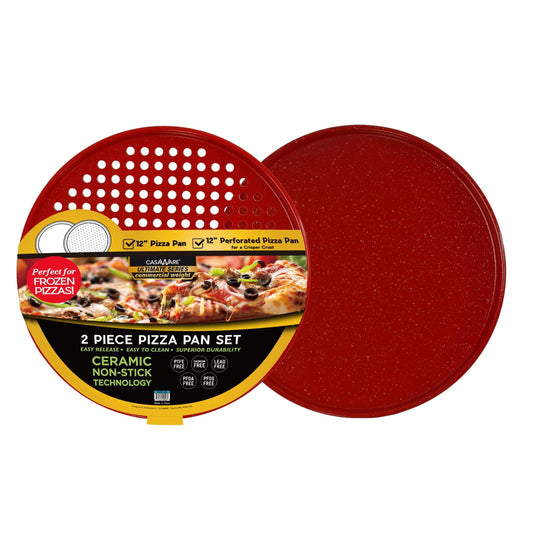 casaWare 2pc Ultimate Pizza Pan Set, (1) Ceramic Coated NonStick 12-inch Pizza Pan, (1) 12-inch Ceramic Coated NonStick Perforated Pizza Pan (Red Granite) - CookCave