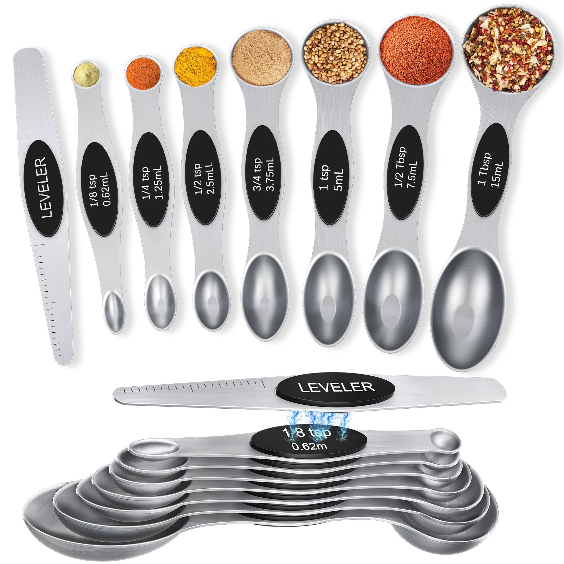 Measuring Spoons Set of 8 - Magnetic Tablespoon Measure Spoon, 304 Stainless Steel Stackable Double-Sided Nested Teaspoons and Tablespoons,Fits in Most Kitchen Spice Jar,Best Kitchen Gadget - CookCave