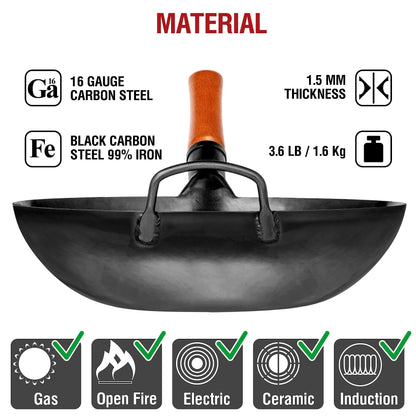 YOSUKATA Carbon Steel Wok Pan – 13,5 “ Stir Fry Pans - Chinese Wok with Flat Bottom Pow Wok - Traditional Japanese Woks - Black Carbon Steel - CookCave