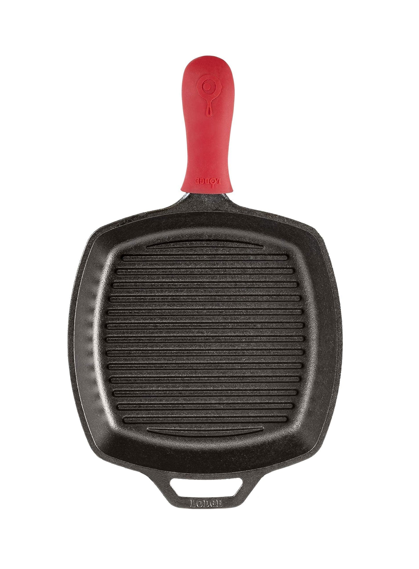 Lodge L8SGP3ASHH41B Cast Iron Square Grill Pan with Red Silicone Hot Handle Holder, Pre-Seasoned, 10.5-inch - CookCave