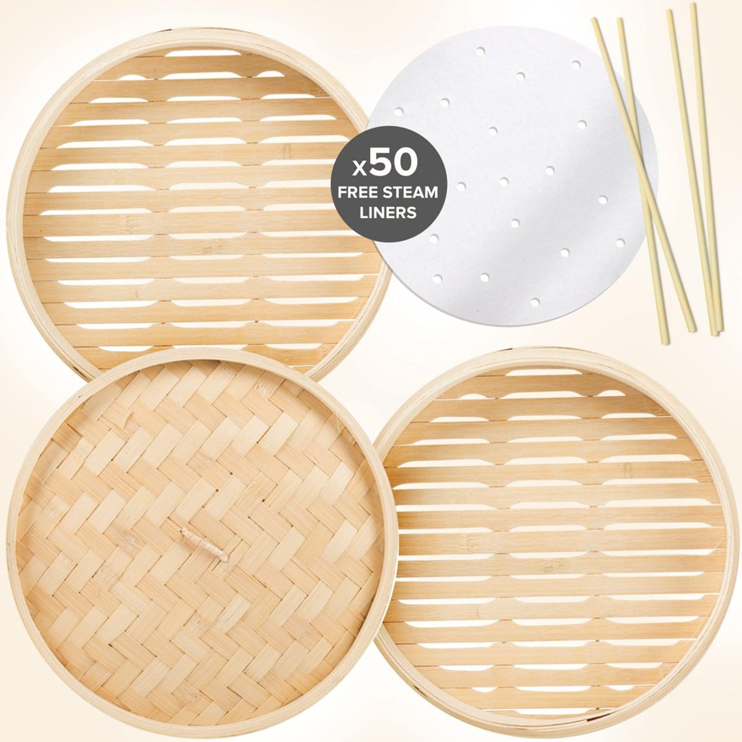 Prime Home Direct Bamboo Steamer Basket 10-inch | 2-Tier Steamer for Cooking | 50 Liners, Chopsticks & Sauce Dish | Dumpling Steamer, Food Steamer Baskets for Cooking - Rice & Vegetable Steamer Pot - CookCave