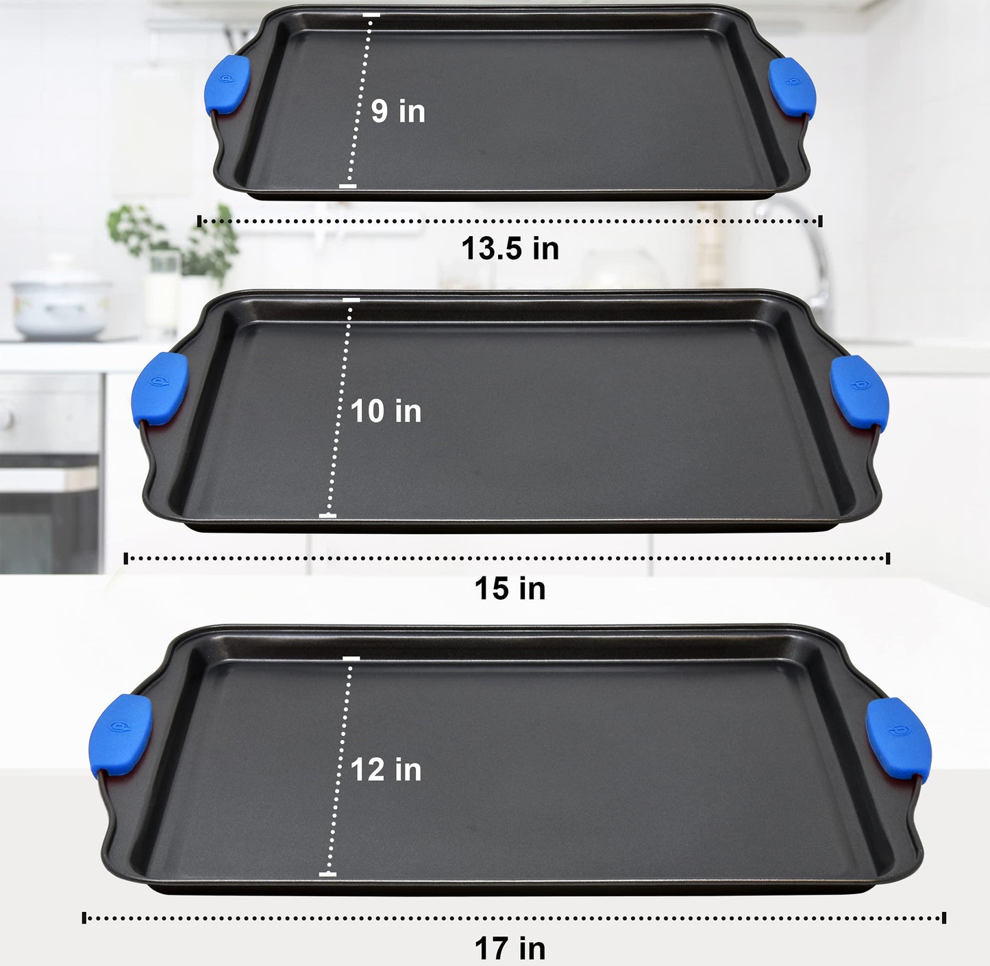 Perlli Cookie Sheets for Baking Non Stick Oven Pan Tray Baking Sheet 3-Piece Set (Small, Medium & Large) Carbon Steel BPA Free Cooking and Baking Trays for Cakes and Cookies with Blue Silicone Grips - CookCave