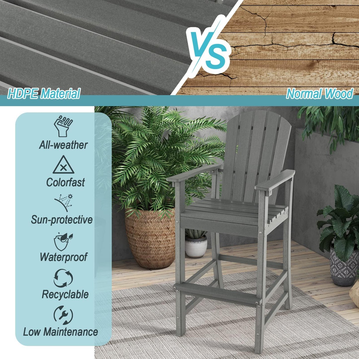 Giantex Outdoor HDPE Bar Stool, Tall Adirondack Chair with Armrests and Footrest, 30 Inches Counter Height Bar Stool for Garden, Backyard, Weather Resistance, Easy Maintenance (2, Gray) - CookCave
